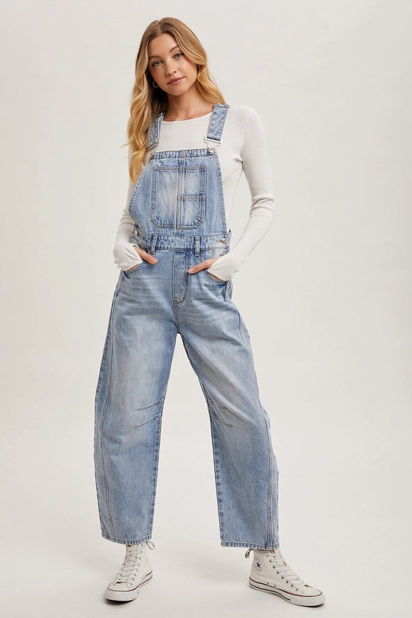 Light Wash Denim Barrel Overalls