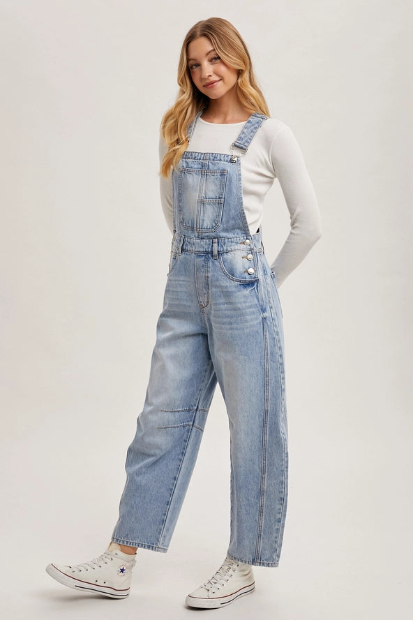 Light Wash Denim Barrel Overalls
