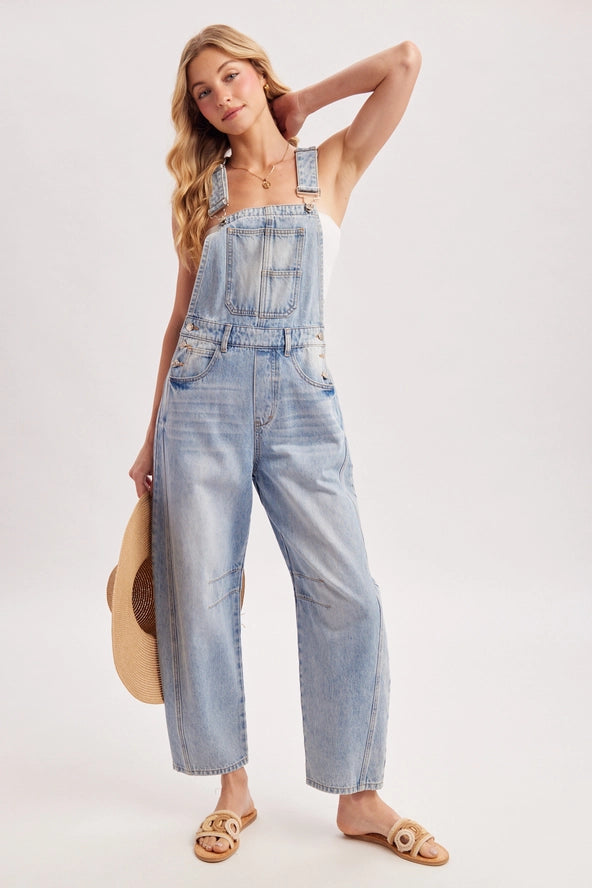 Light Wash Denim Barrel Overalls