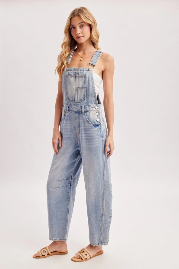 Light Wash Denim Barrel Overalls