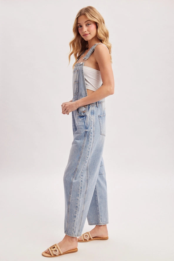 Light Wash Denim Barrel Overalls