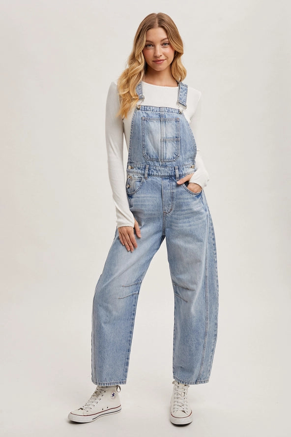 Light Wash Denim Barrel Overalls