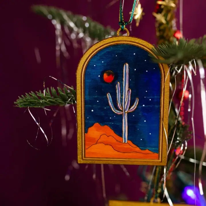 Desert Night Cactus Saguaro Mountain Arch Wood Ornament