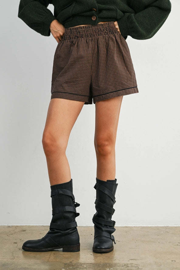 Brown Plaid High Waisted Soft Shorts