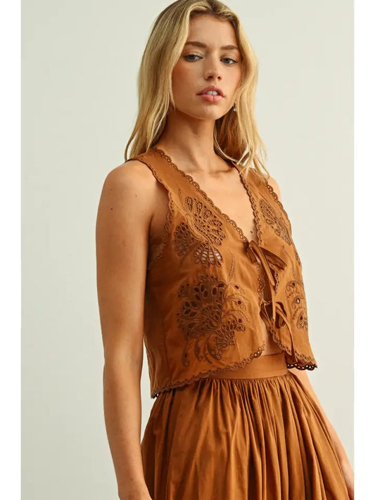 Coffee Embroidered Front Tie Top
