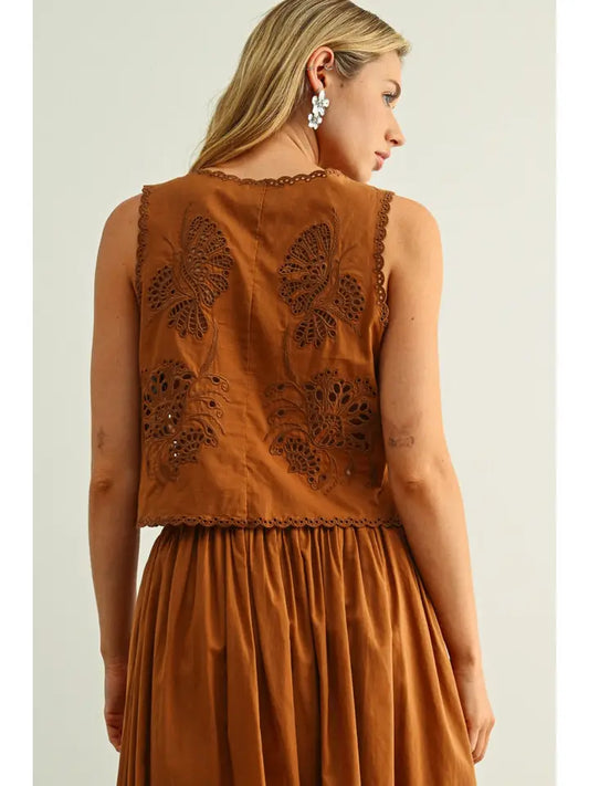 Coffee Embroidered Front Tie Top