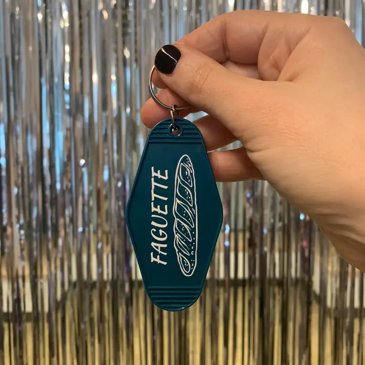 Faguette Gay Pride Motel Keychain with Baguette Bread Motif