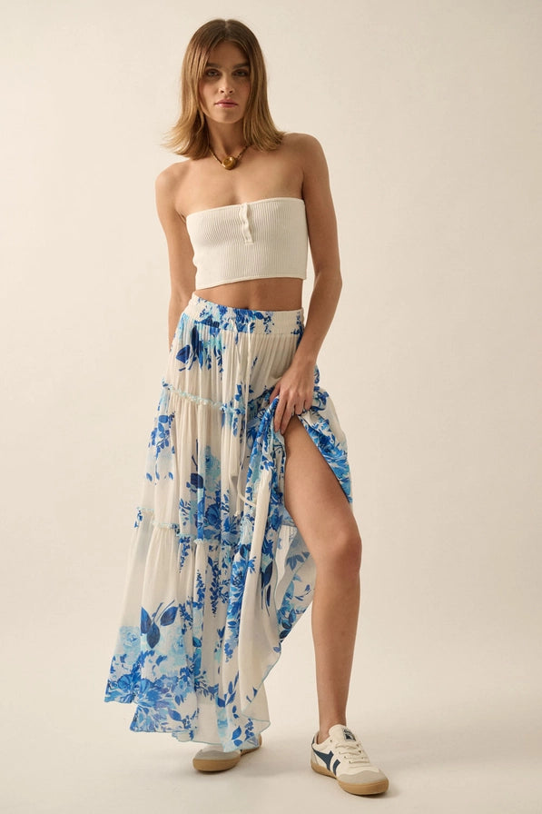 Floral-Print Tiered Ruffle Drawstring Maxi Skirt