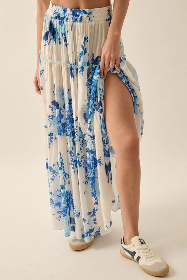 Floral-Print Tiered Ruffle Drawstring Maxi Skirt