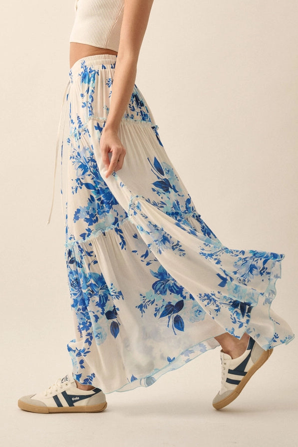 Floral-Print Tiered Ruffle Drawstring Maxi Skirt