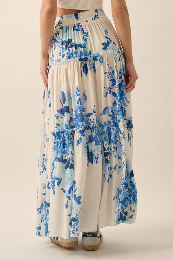 Floral-Print Tiered Ruffle Drawstring Maxi Skirt