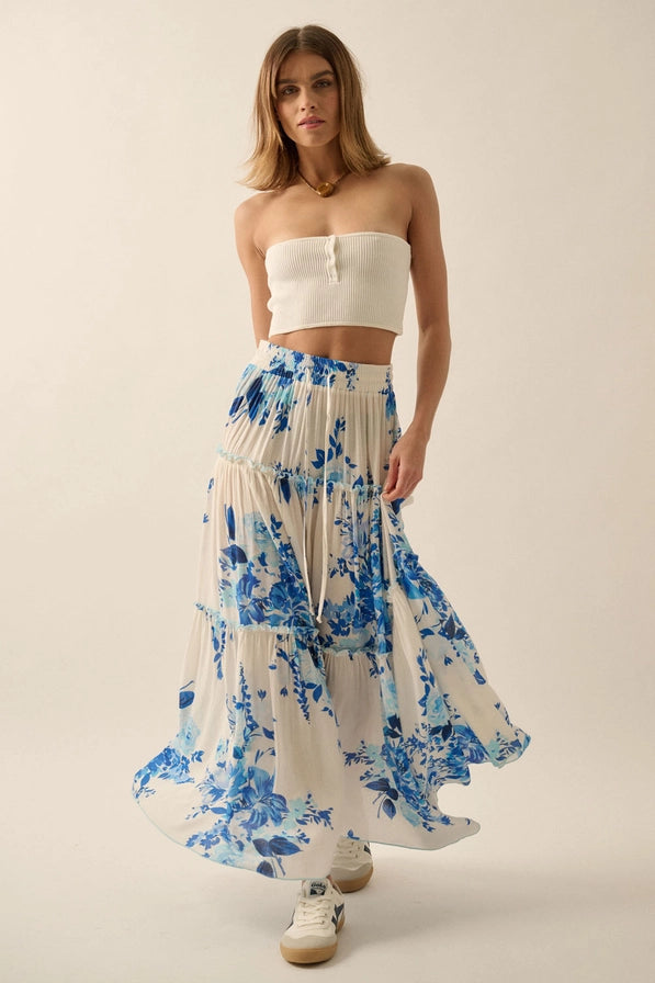 Floral-Print Tiered Ruffle Drawstring Maxi Skirt