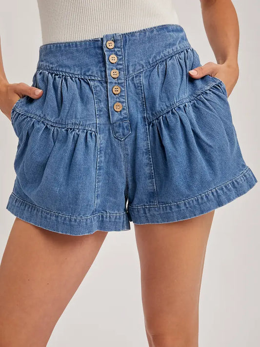 Fluer Pleated Denim Shorts with Pockets