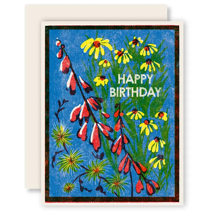 Happy Birthday Blue Sky Wildflowers Letterpress Card