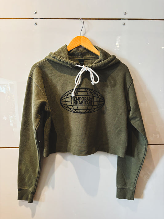 Globe Cropped olive green hoodie - upcycled