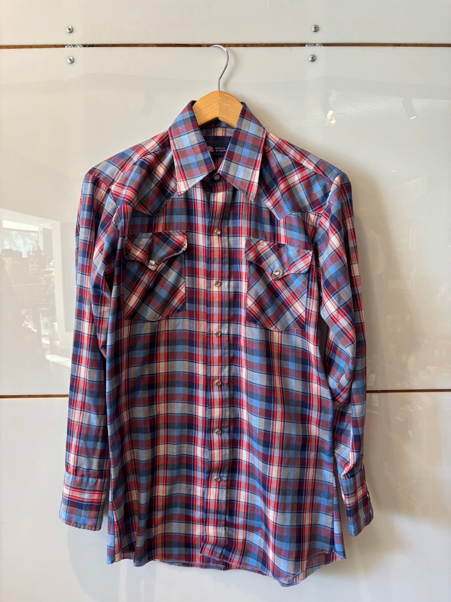 Panhandle Slim light blue and red pearl snap western l/s shirt- vintage