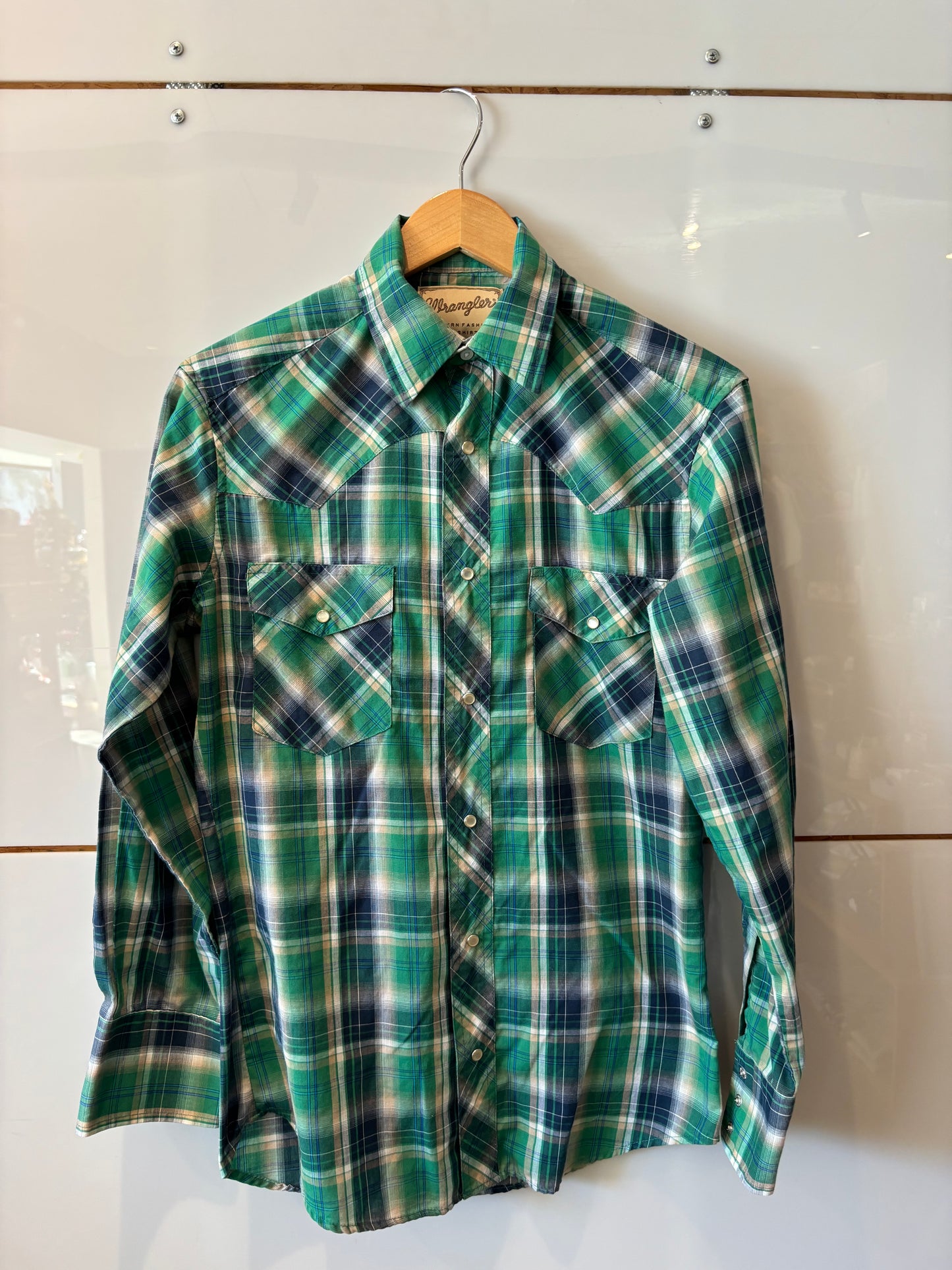 Wrangler seafoam and navy pearl snap western l/s shirt- vintage