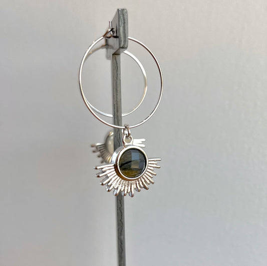 Silver Hoops With Onyx Sunburst Earrings