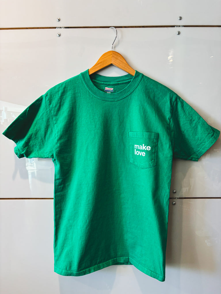 Make Love green pocket s/s tee - upcycled