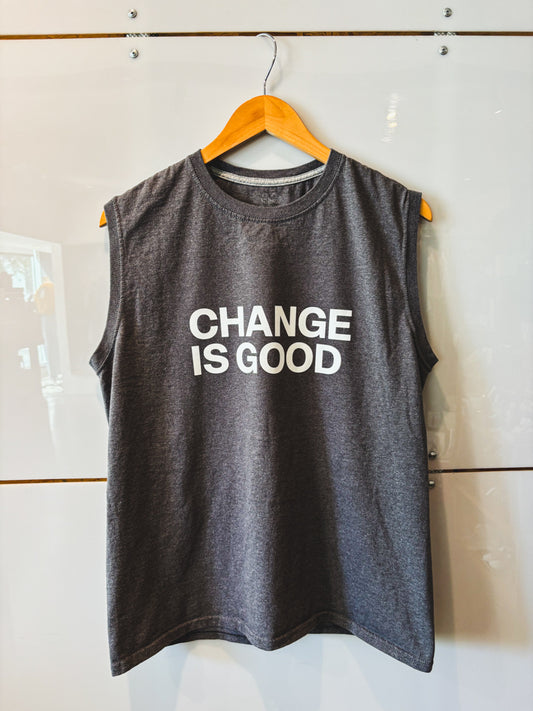 Change is Good charcoal sleeveless tee- upcycled