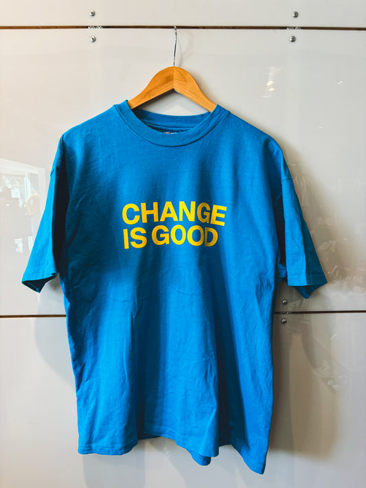 Change is Good turquoise w/yellow lettering s/s tee - upcycled