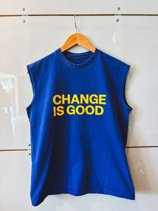Change is Good royal blue sleeveless tee- upcycled