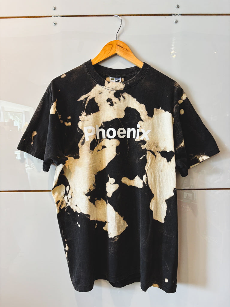 Phoenix Block black with bleach splatter and white design s/s tee - upcycled