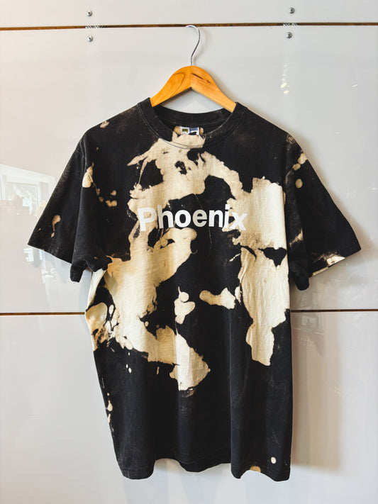 Phoenix Block black with bleach splatter and white design s/s tee - upcycled