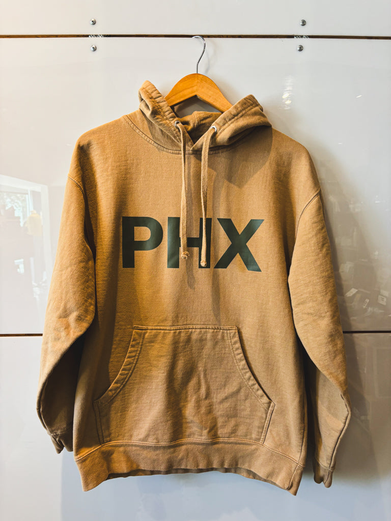Big PHX tan hoodie with olive design - upcycled