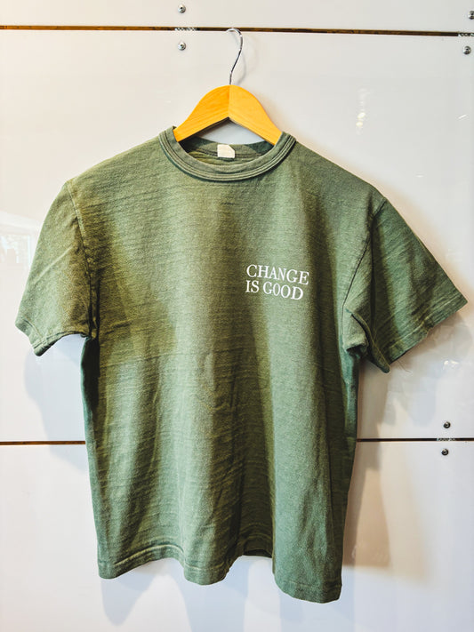 Change is Good small serif army green s/s tee - upcycled