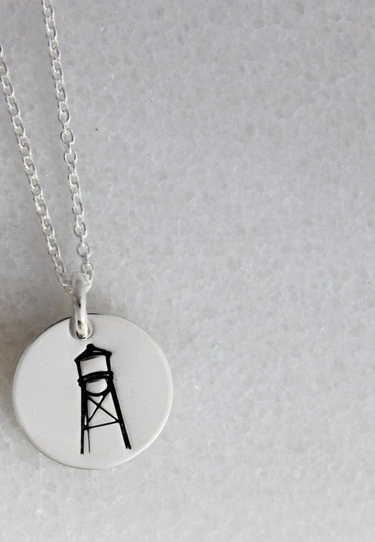 Water Tower Stamped Necklace - Silver