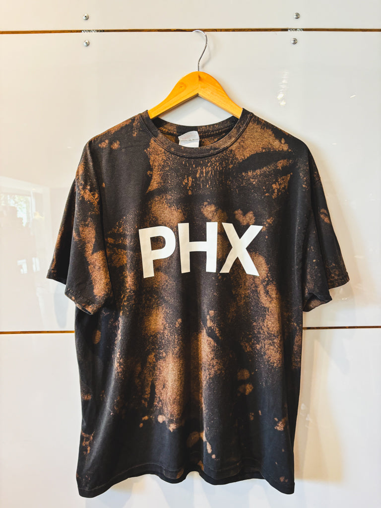 Big PHX with bleach splatter black tee with white design - upcycled