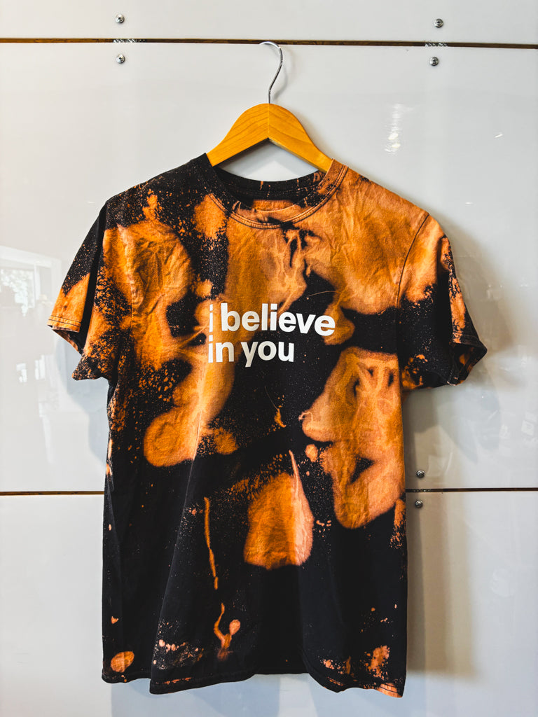 I Believe In You black w/ bleach splatter s/s tee - upcycled