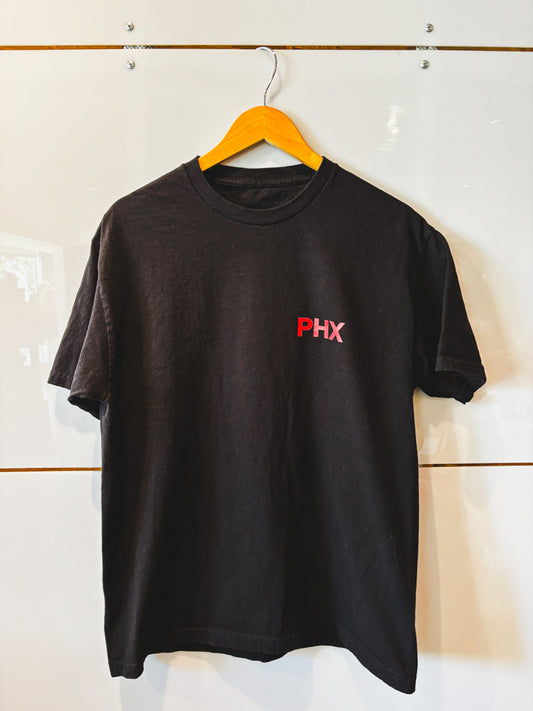 PHX black tee with red design on right - upcycled