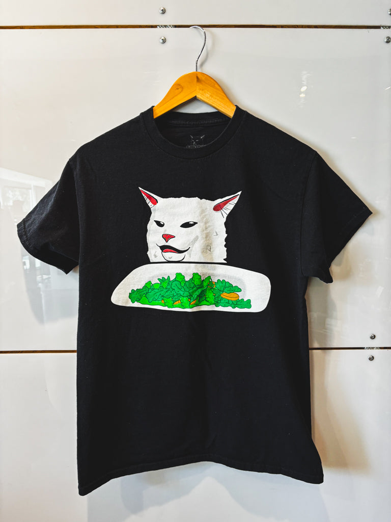 Smudge Lord cat with veggies black tee - pre-loved