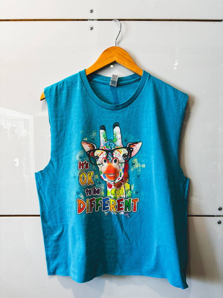 It's Okay To Be Different Giraffe turquoise cut-off sleeve tee - pre-loved