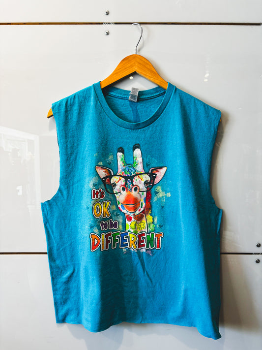 It's Okay To Be Different Giraffe turquoise cut-off sleeve tee - pre-loved