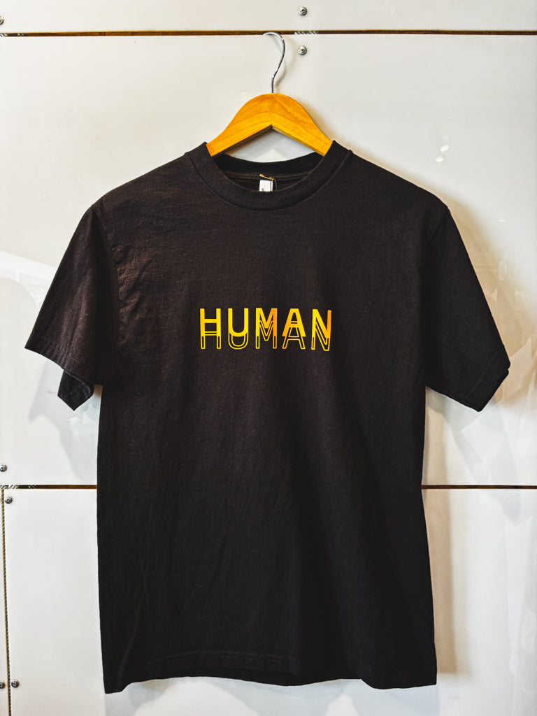 Human black with neon orange s/s tee - upcycled