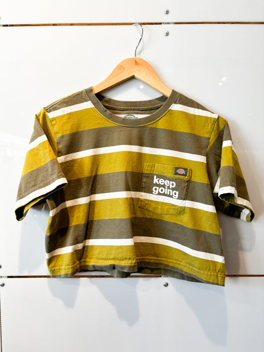 Keep Going green stripe Dickie's crop s/s tee - upcycled
