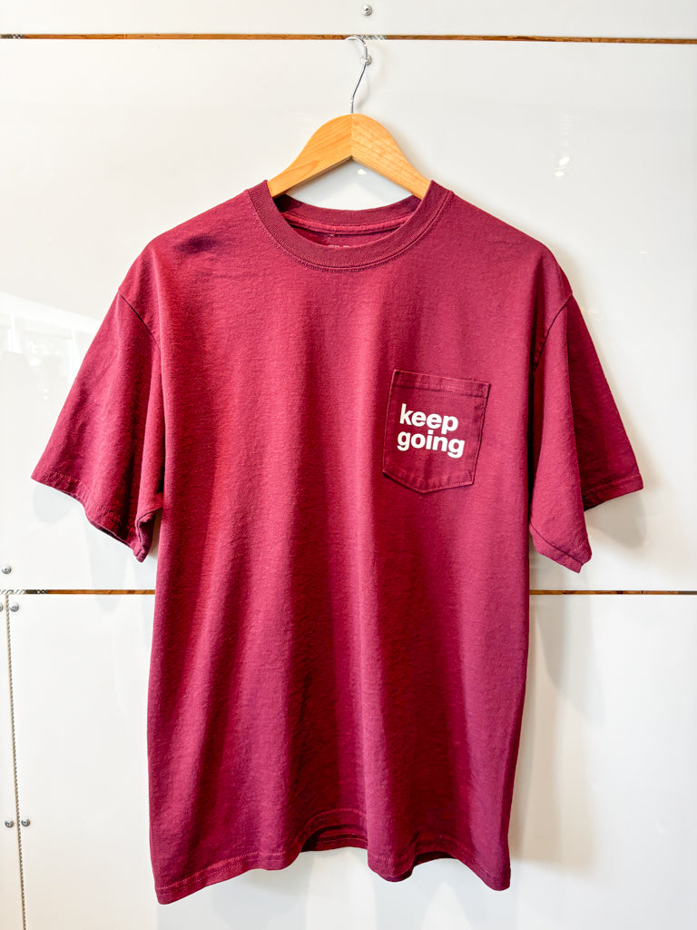 Keep Going burgundy pocket s/s tee - upcycled