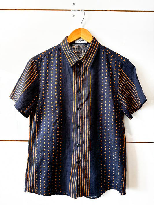 VATPAVE navy and gold shortsleeve button down - pre-loved