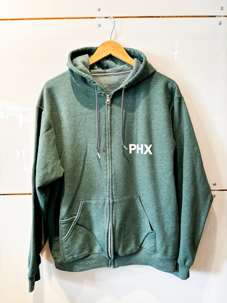 PHX heather green zip hoodie with white design - upcycled