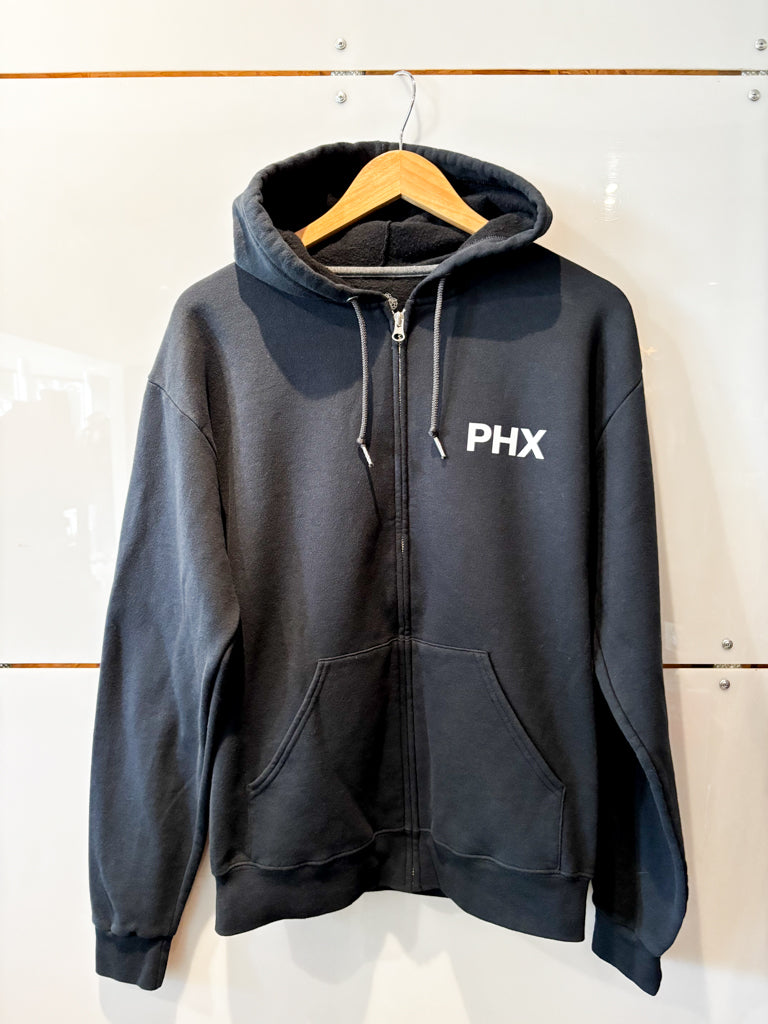 PHX black zip hoodie with white design - upcycled