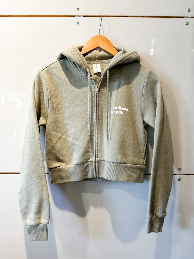I Believe in You leaf green crop hoodie- upcycled