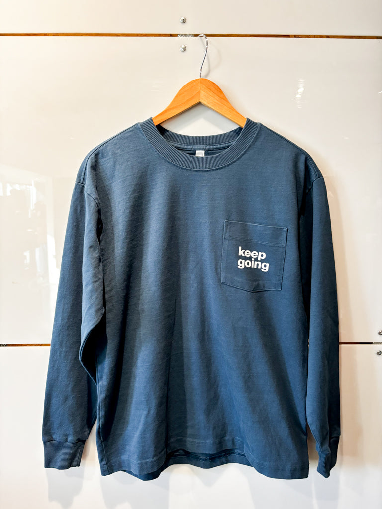Keep Going blue l/s pocket tee- upcycled
