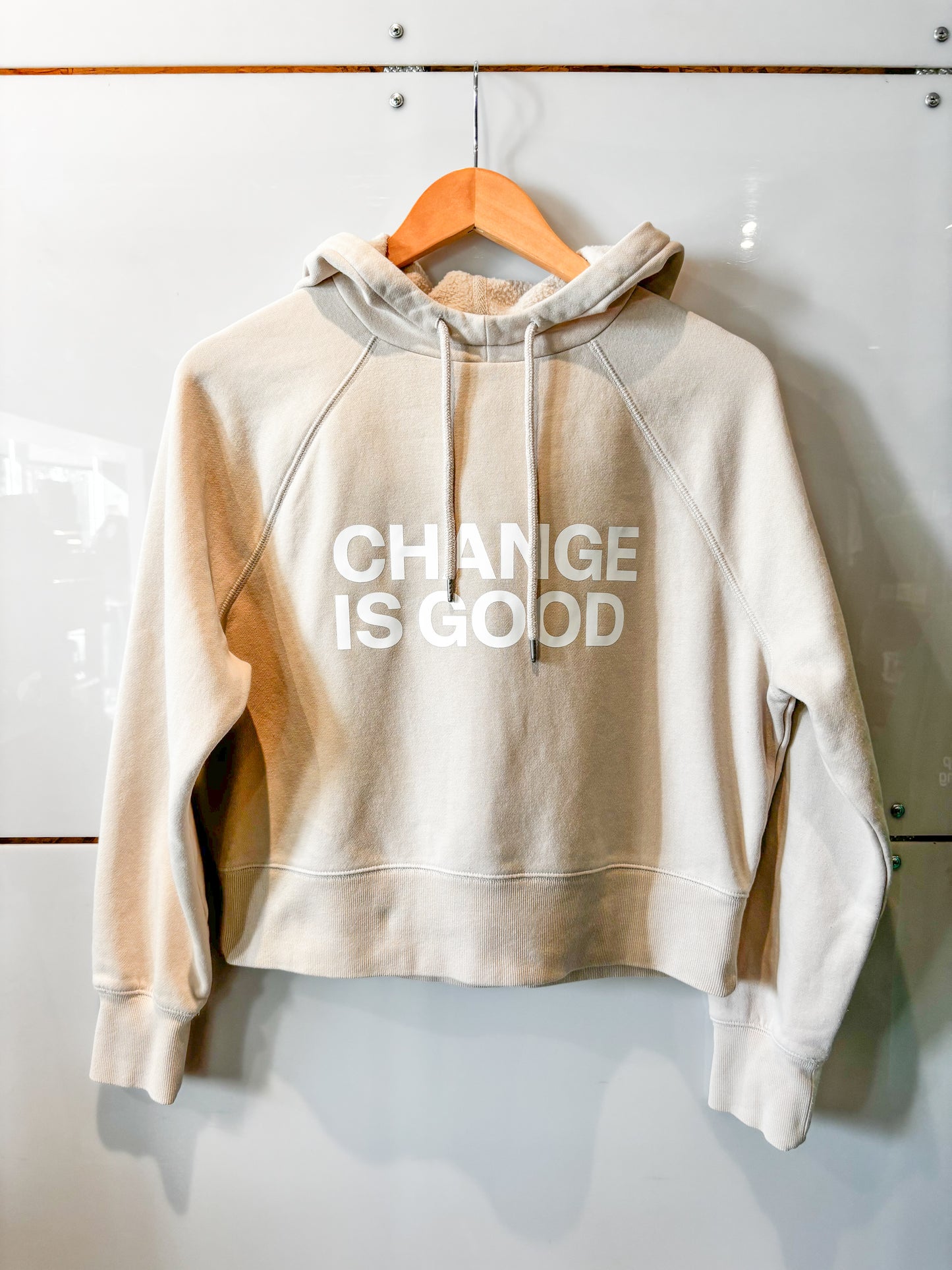 Change is Good sand crop hoodie- upcycled