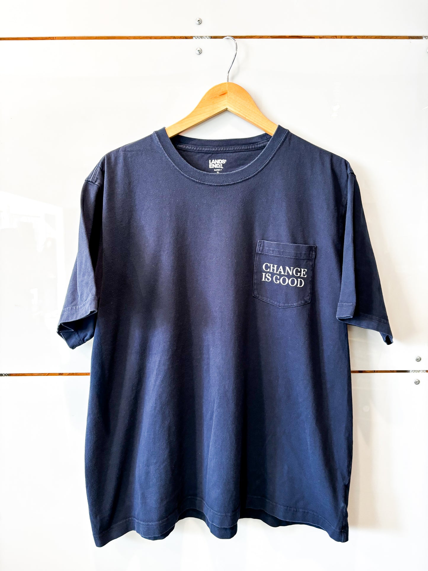 Change is Good small serif navy pocket tee - upcycled
