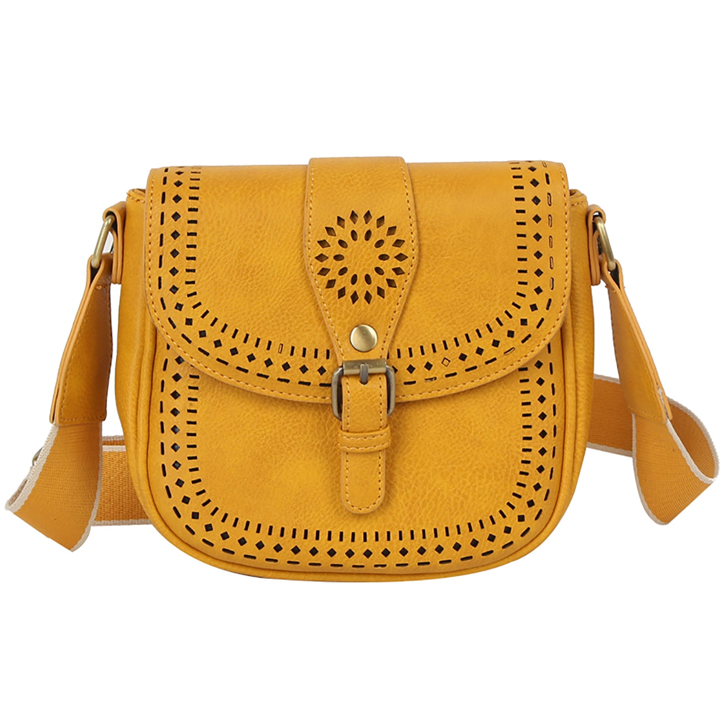 Laser Cut Printed Buckle Flap Crossbody Bag