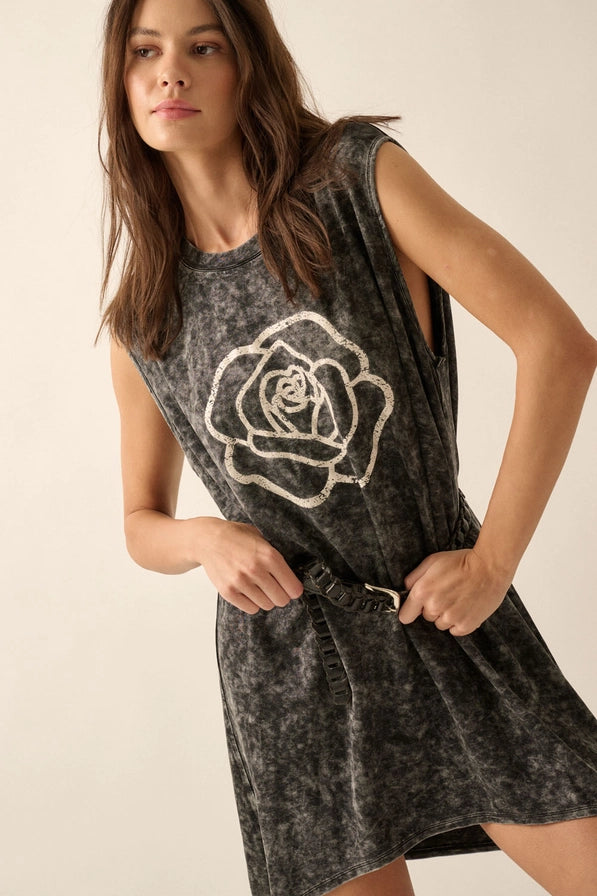 Mineral-Wash Rose Mini Dress