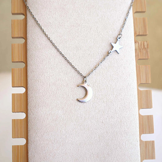 Moon & Star Necklace - Silver